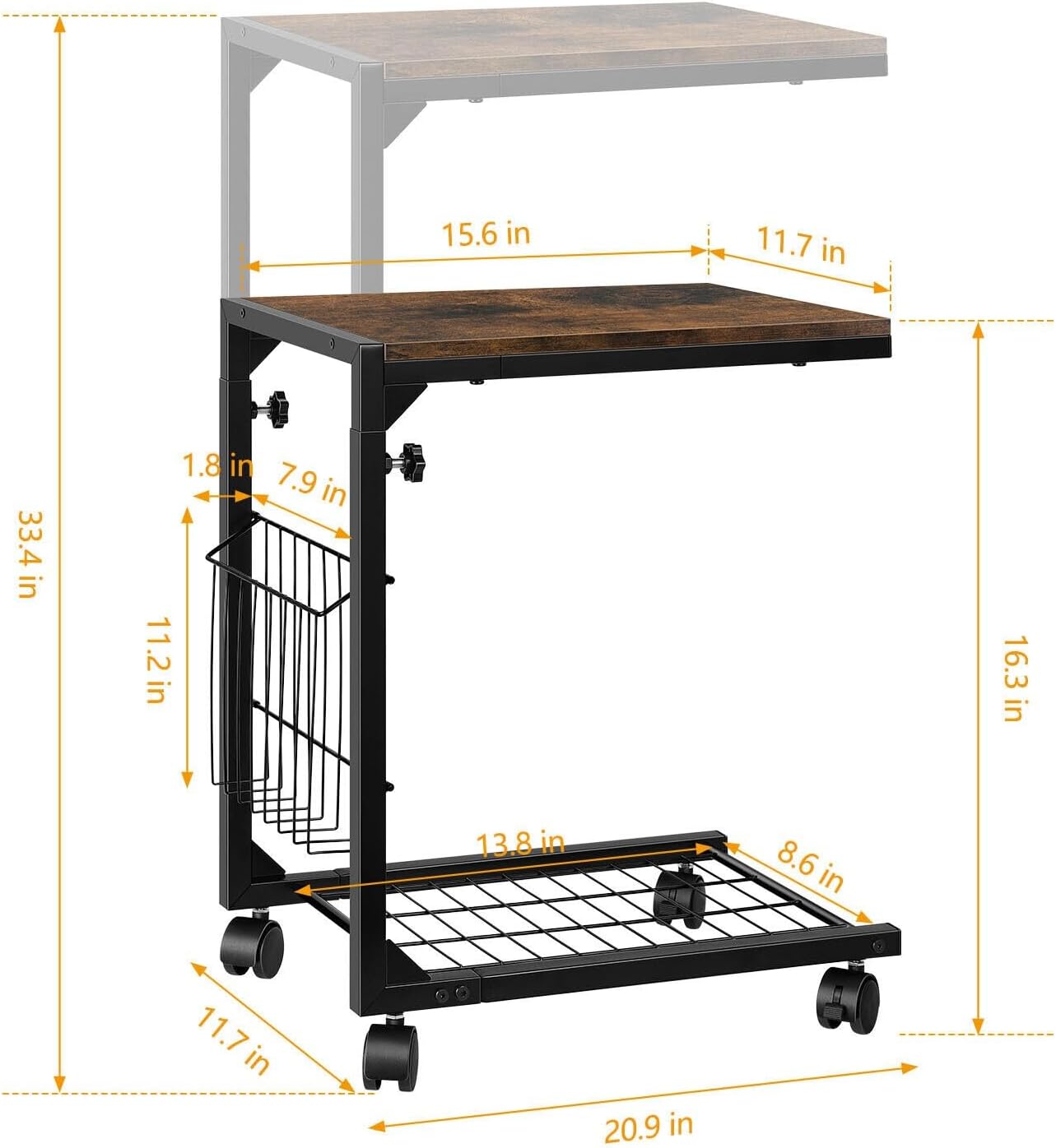 Height Adjustable C Shaped End Table with Wheels for Snacks Drinks X619563