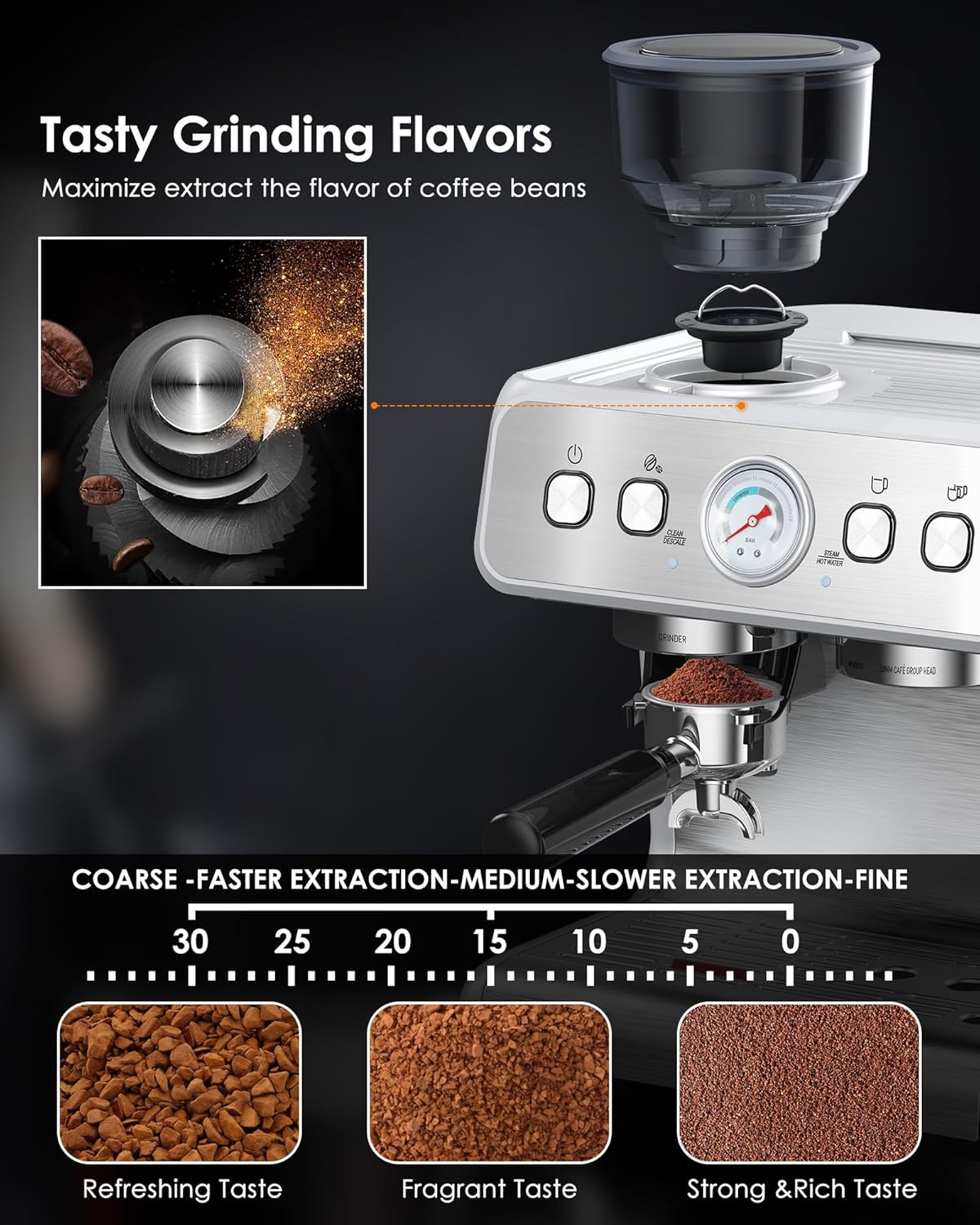 Espresso Machine with Bean Grinder and Milk Frother, Stainless Steel M61756