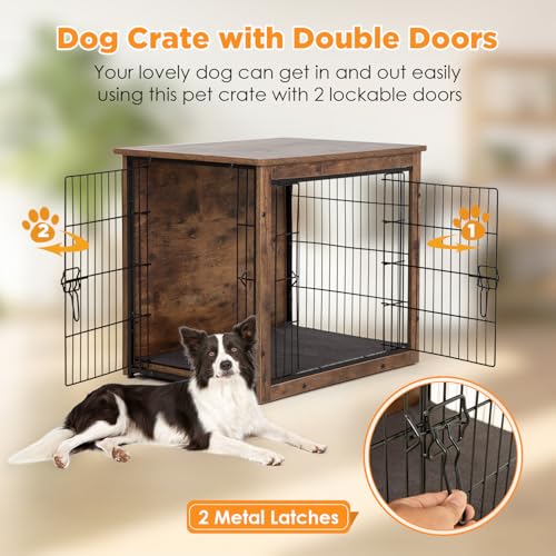 Wooden Dog Crate with Cushion and Double Door for Small and Medium Dogs F575