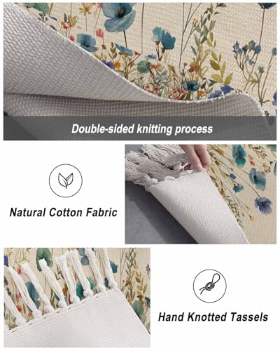 Vintage Floral Runner Rug 2x4ft, Washable Woven Carpet with Tassels N678