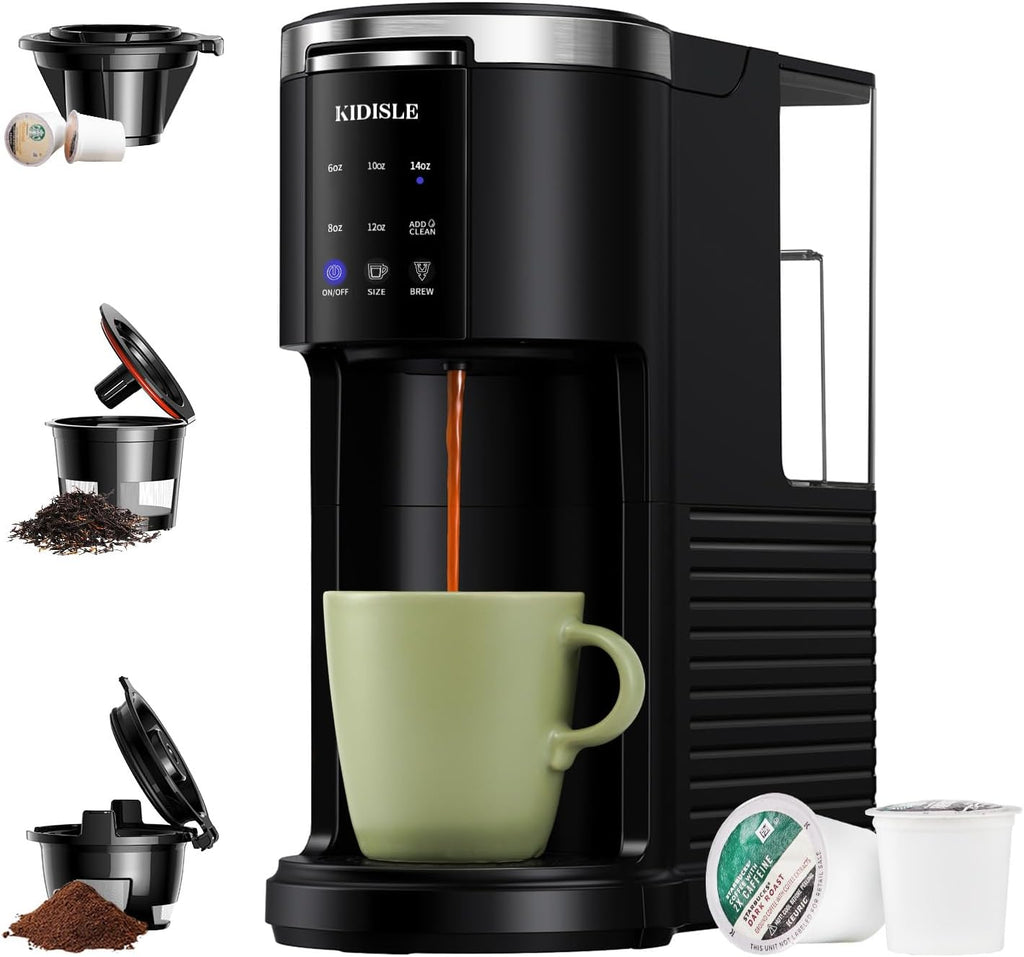 Single Serve Coffee Machine, 3 in 1 Pod Coffee Maker for K Cup Pods & Ground Coffee & Teas, 6 to 14oz Brew Sizes, with 40oz Removable Water Reservoir, Descale Settings, Black