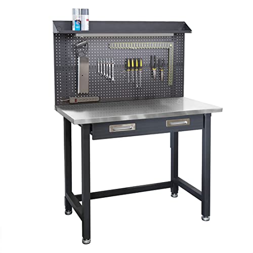 Seville Classics UltraHD Heavy Duty Commercial Lighted Workcenter w/Pegboard, 500 lbs. Weight Capacity for Garage, Warehouse, Workshop, Stainless Steel Top, Granite, 48" W x 24" D x 65.5" H