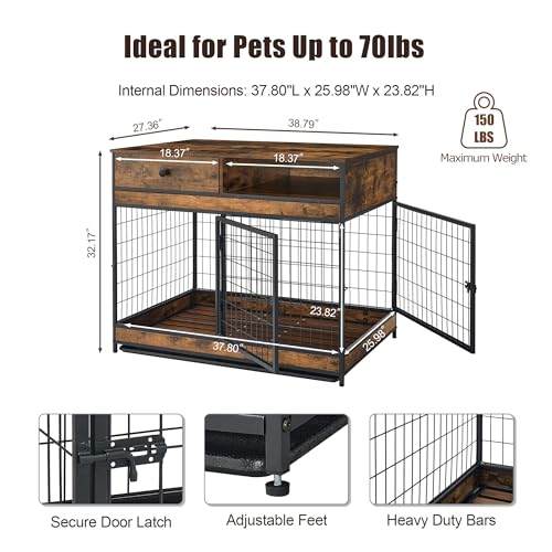 Dog Crate Furniture with Storage Drawer, Double Doors, Rustic Brown F932213