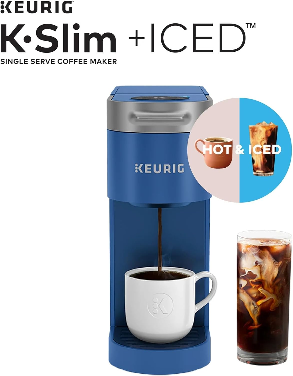 Single-Serve Coffee Maker, Blue, Brews Hot and Iced Coffee, 3 Cup Sizes L389963