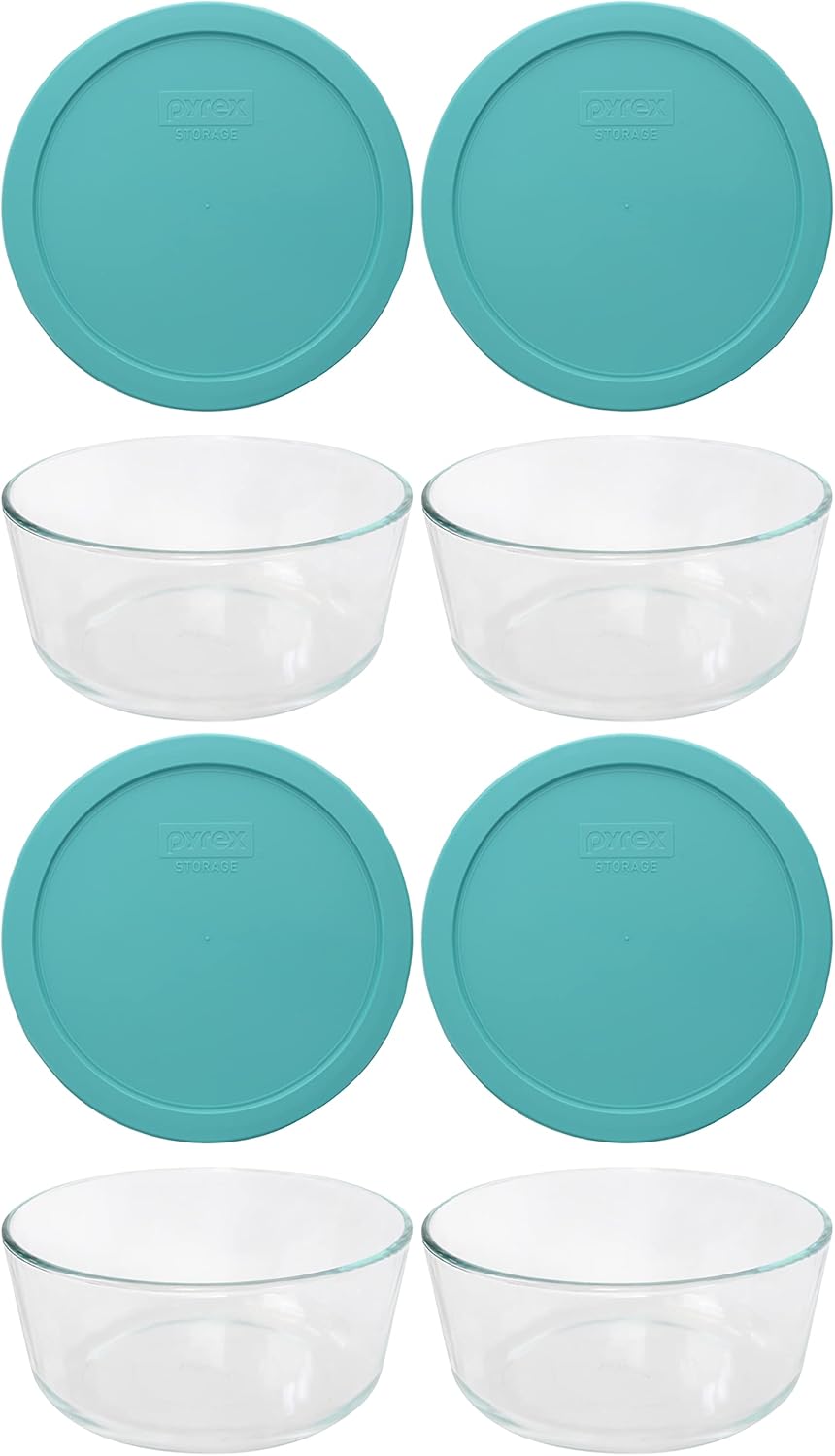 Pyrex (4 7203 7-Cup Glass Bowl & (4) 7402-PC Sea Glass Lid (4-Pack) - Made in the USA