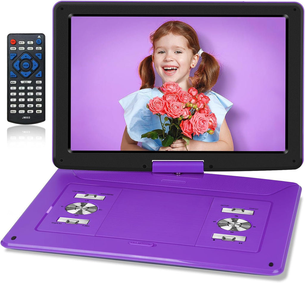 17.5" Portable DVD Player with 15.6" Large HD Screen, 6 Hours Rechargeable Battery, Support USB/SD Card/Sync TV, Multiple Disc Formats, DVD Player Portable with Car Charger, Purple