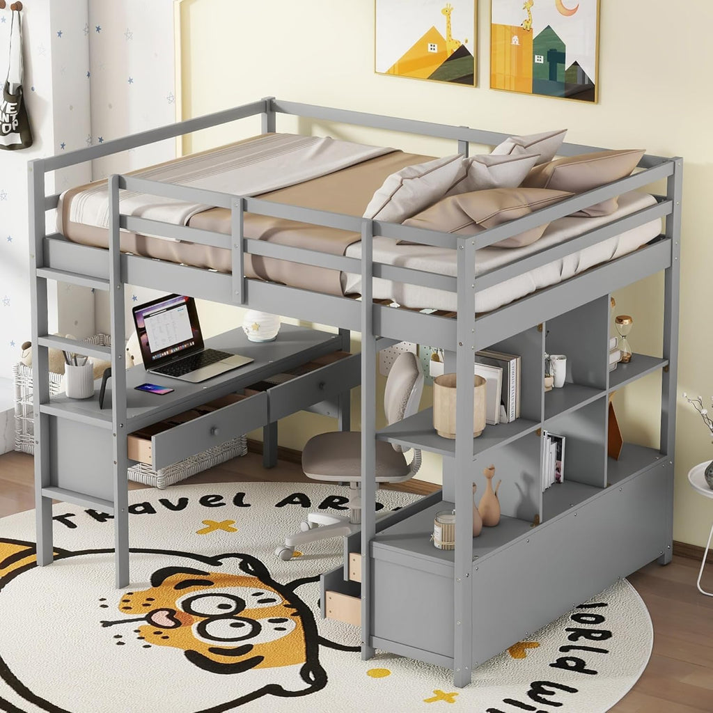 Full Size Loft Bed with Desk and 2 Drawers, Solid Wood, Grey W2237