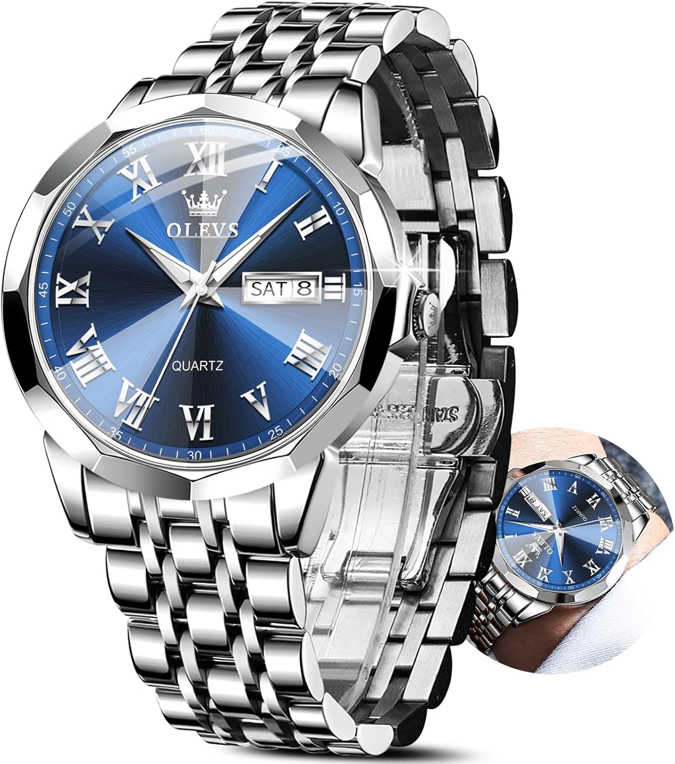 OLEVS Classic Men Watches with Date,Stainless Steel Man Watch with Date, Bussiness Watches for Men,Luminous Quartz Mens Watches Black/White/Blue/Gold, Waterproof Male Watch with Week