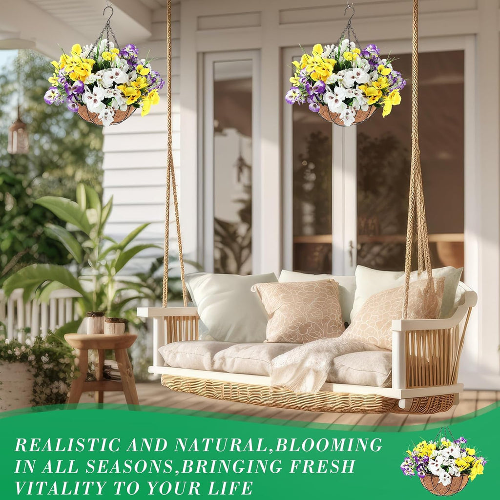 2 Pack Artificial Flowers with Hanging Basket, Faux Pansy 12 Inch O58132