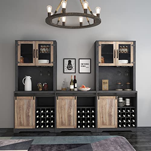 Farmhouse Coffee Bar Cabinet with Wine Rack and Sliding Barn Door, Black X950936