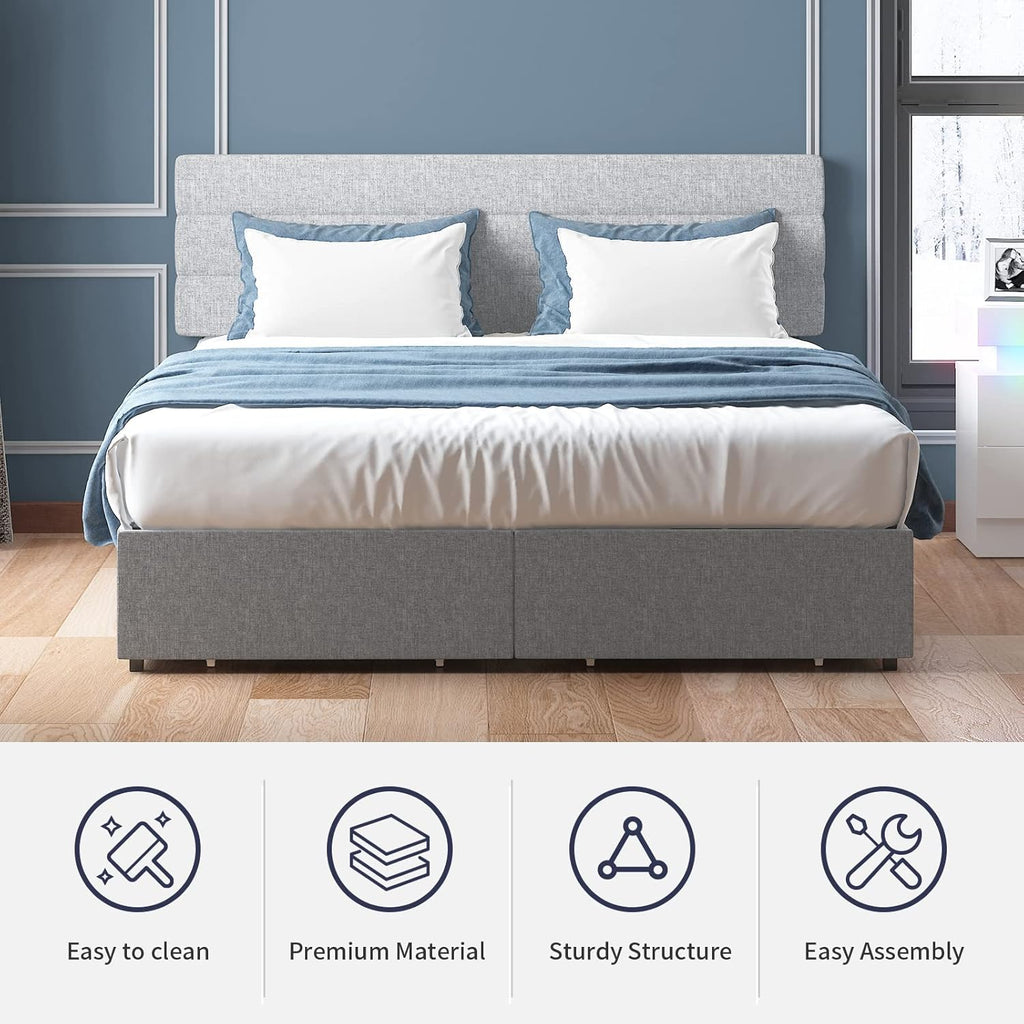King Bed Frame with 2 Storage Drawers, Linen Headboard, No Box Spring Needed C55509