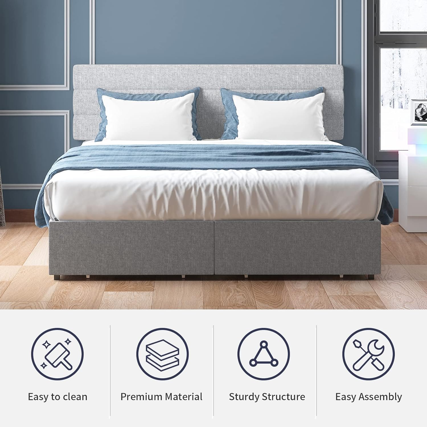 King Bed Frame with 2 Storage Drawers, Linen Headboard, No Box Spring Needed C55509