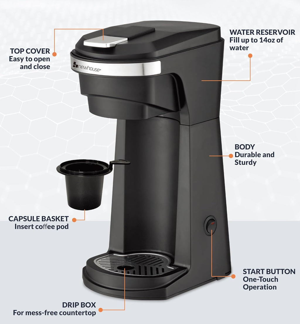Single Serve Coffee Maker with Water Reservoir, Adjustable Tray for Travel Mugs Y931802