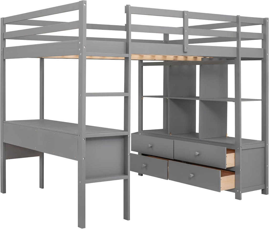 Full Size Loft Bed with Desk and 2 Drawers, Solid Wood, Grey W2237