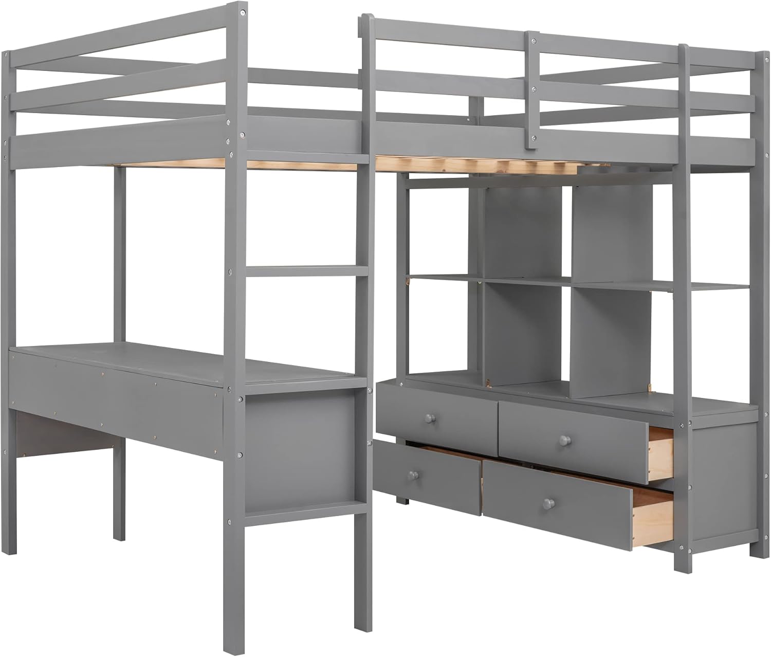 Full Size Loft Bed with Desk and 2 Drawers, Solid Wood, Grey W2237
