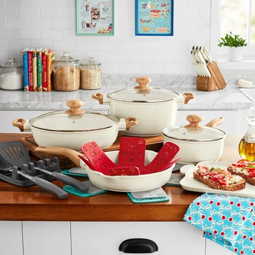 14-Piece Cast Aluminum Cookware Set with Nonstick Coating, Charcoal Speckle P77458