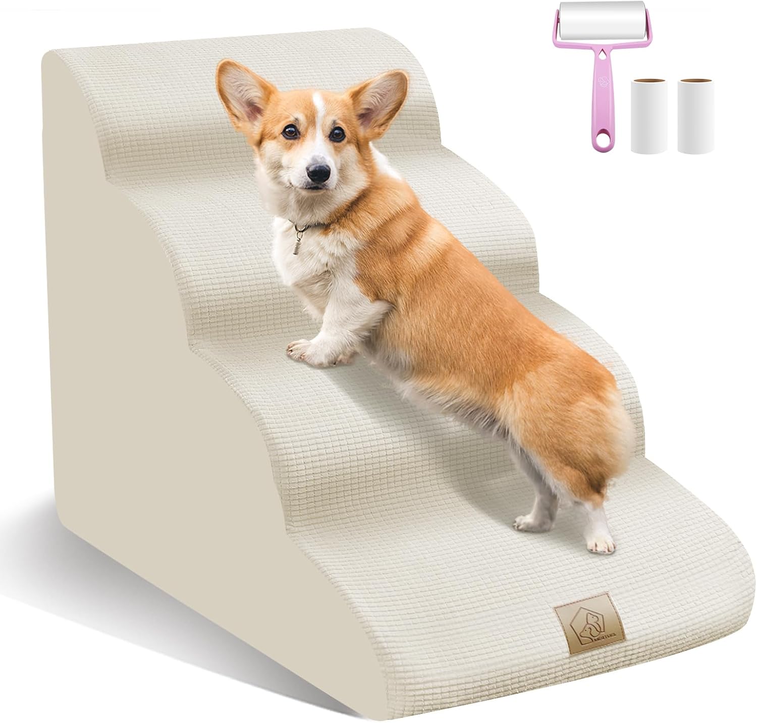 Dog Stairs for High Bed 20''H, Dog Stairs for Small Medium Large Dogs Cats, Foam Pet Stairs Ramp Indoor with Non-Slip Bottom, 4-Tier Dog Steps Hold Up to 60 lbs, Lint Roller, Beige
