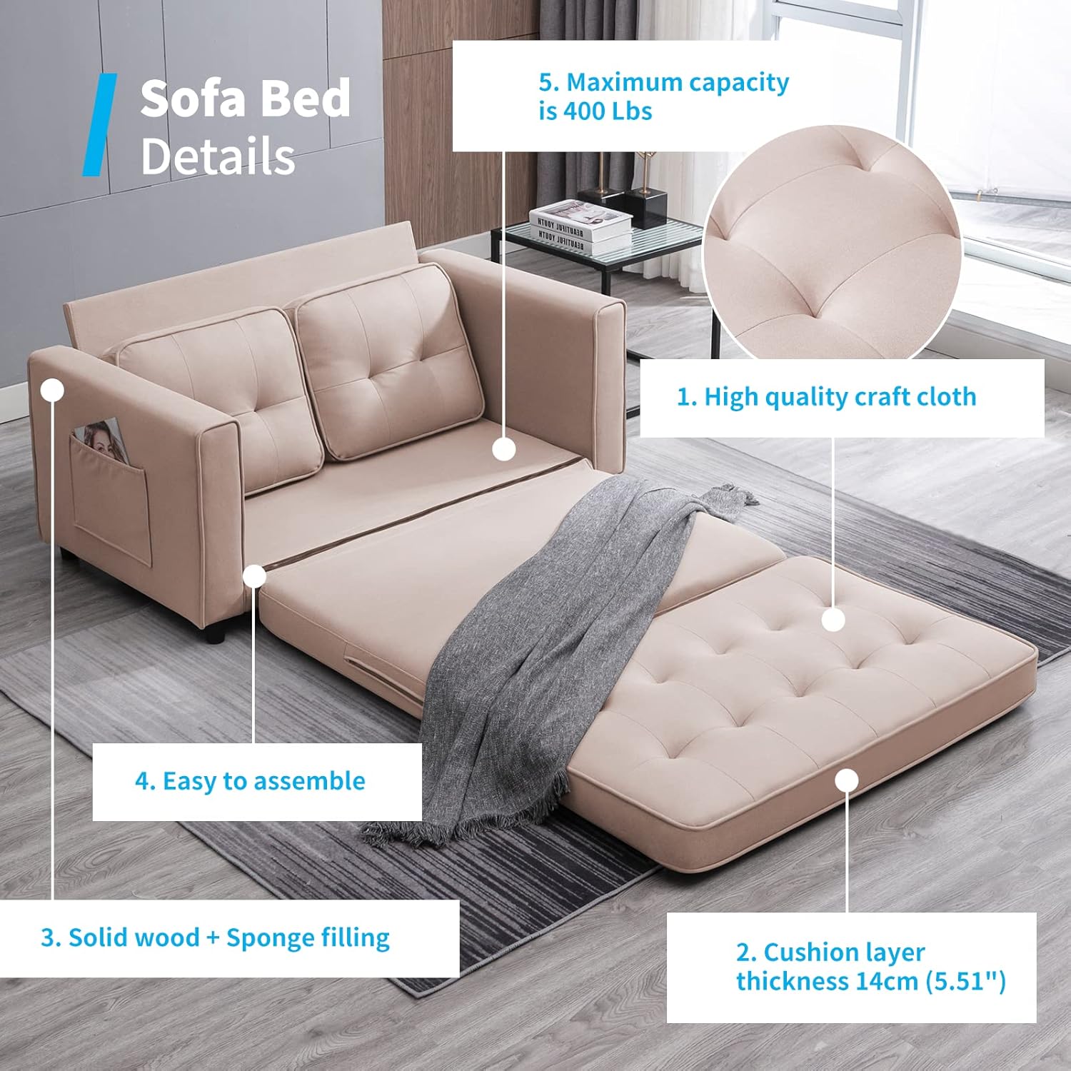 3-in-1 Convertible Pull Out Sofa Bed with Side Pockets, Loveseat Sleeper for Small Apartment P97949