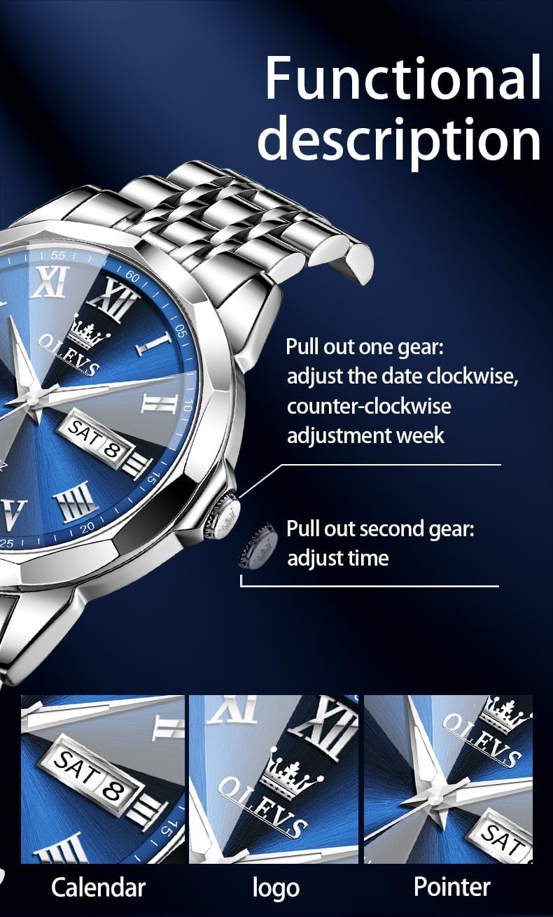 Men's Stainless Steel Watch with Date, Luminous Quartz, Waterproof H7285