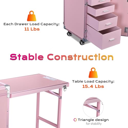 Foldable Rolling Manicure Table with 4 Drawers, Pink Y30853