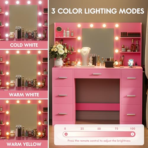 Vanity Desk with LED Mirror and Power Outlet, 7 Drawers C542075