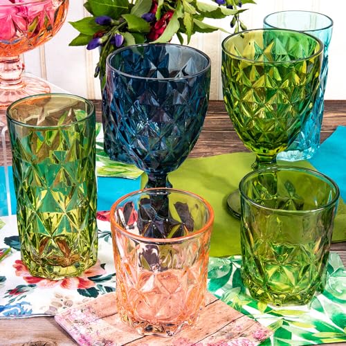 Vintage Embossed Whiskey Glasses Set of 6, Heavy Bottom Tumblers, Dishwasher Safe W3597