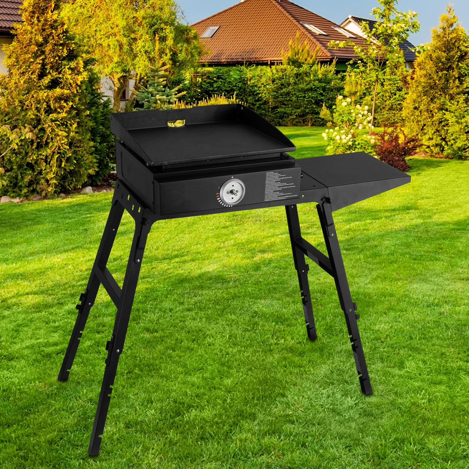 Portable Griddle Stand for Table Top Grill, Outdoor Camping Cooking Station with Side Shelf R5689