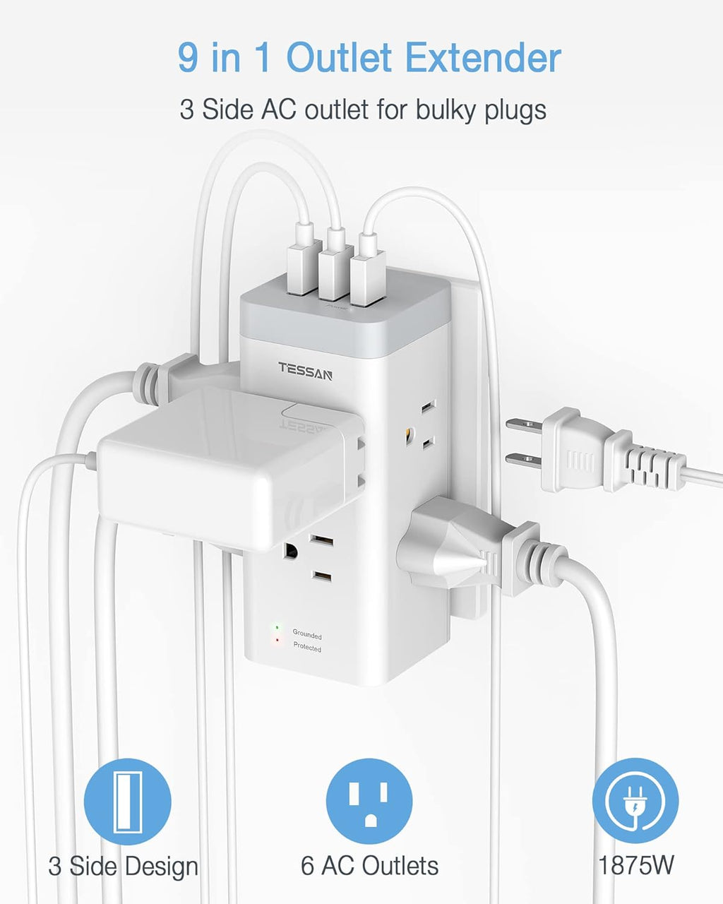 6 Outlet Extender with 3 USB Wall Charger, 1050J Surge Protector M260