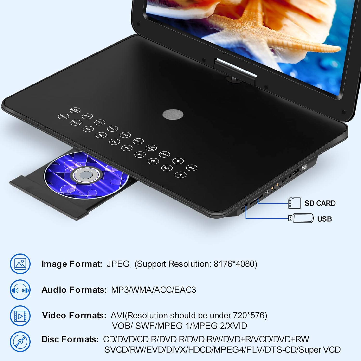 Portable DVD Player with HD Swivel Screen, Rechargeable Battery, USB/SD Card Support W355