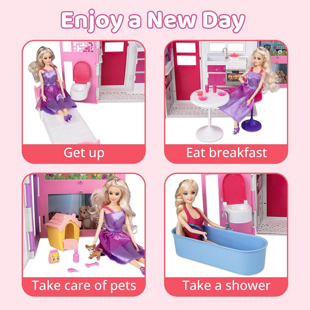 Doll House for 12" Dolls, 2-Story Portable Dollhouse with Loft and Furniture A509387