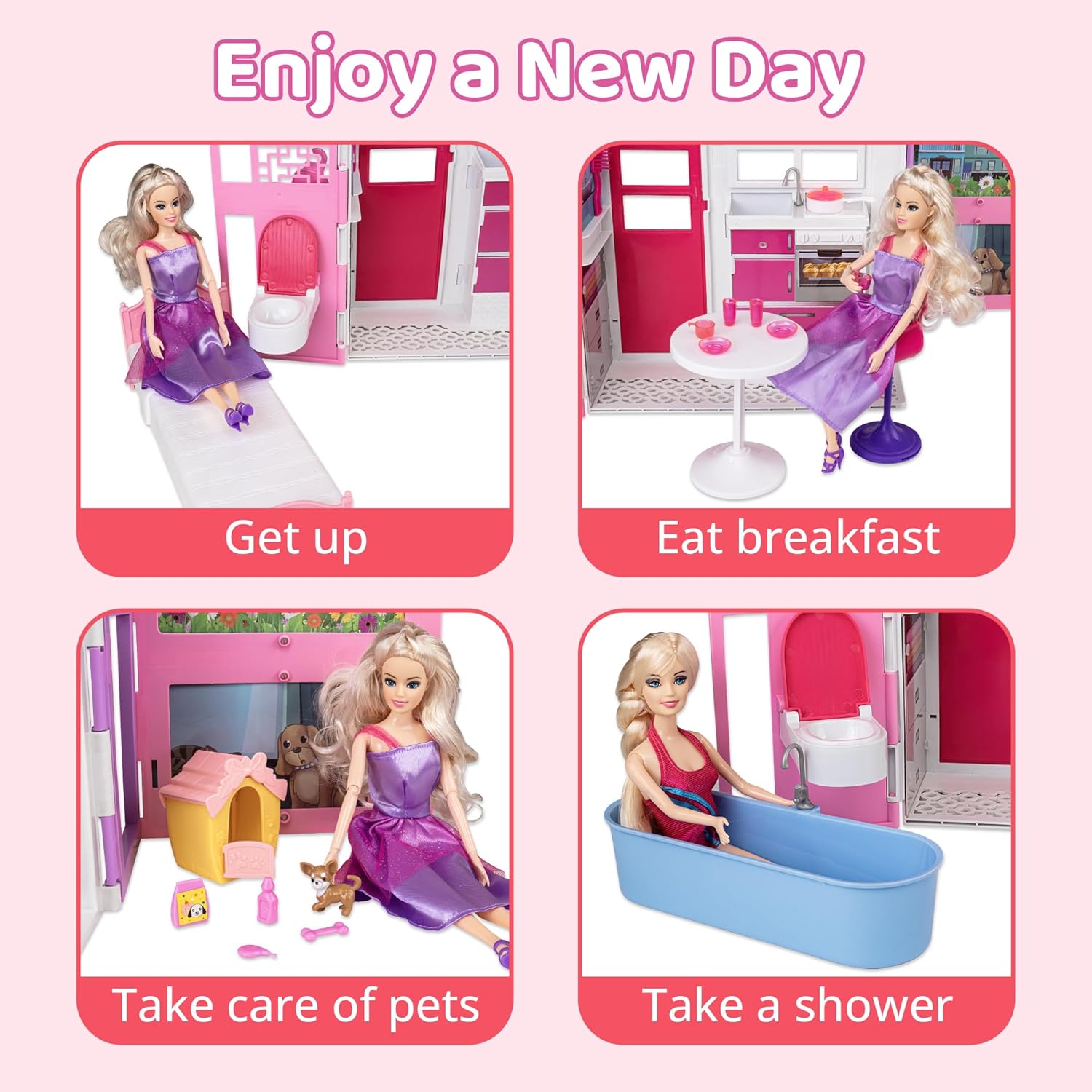 Doll House for 12" Dolls, 2-Story Portable Dollhouse with Loft and Furniture A509387