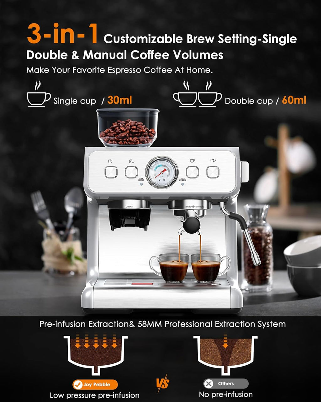 Espresso Machine with Bean Grinder and Milk Frother, Stainless Steel M61756