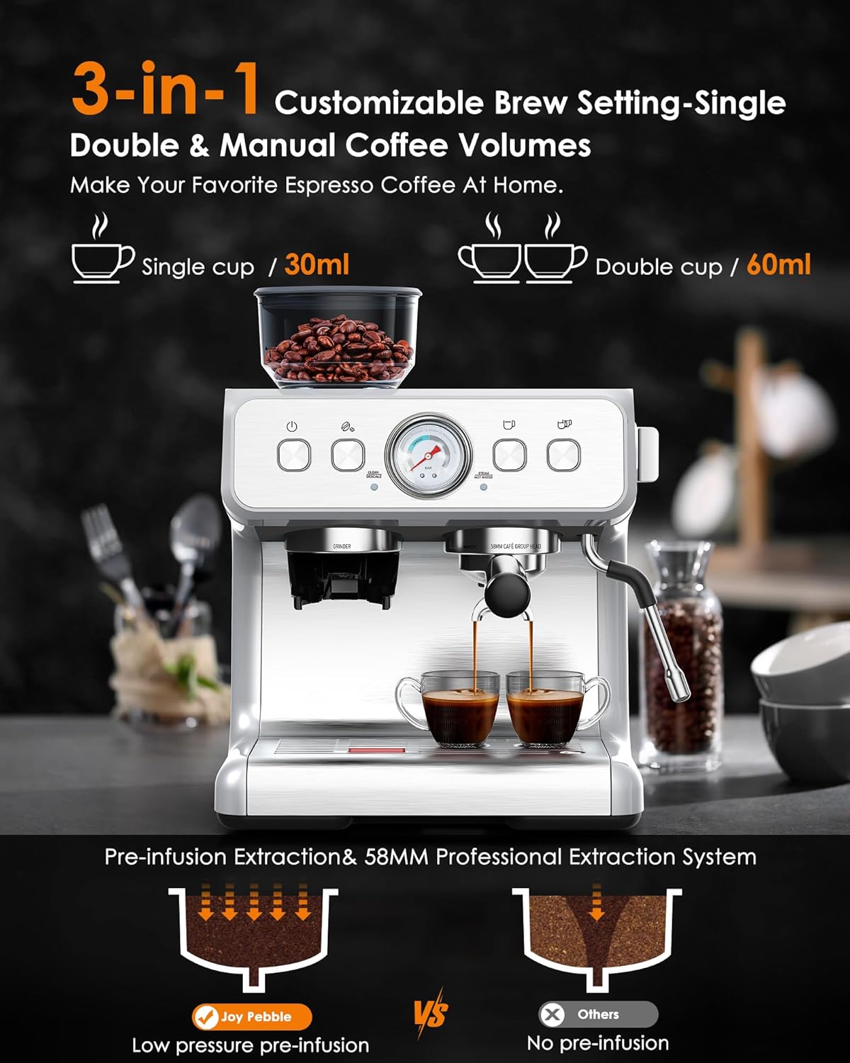 Espresso Machine with Bean Grinder and Milk Frother, Stainless Steel M61756