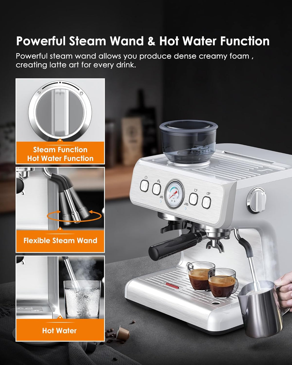 Espresso Machine with Bean Grinder and Milk Frother, Stainless Steel M61756