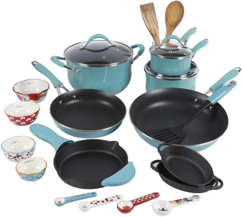 The Pioneer Woman Frontier Speckle 24-Piece Aluminum Cookware Combo Set, Turquoise Sky Blue United States