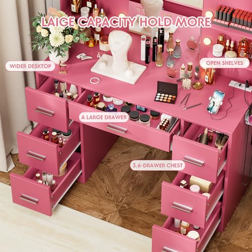 Vanity Desk with LED Mirror and Power Outlet, 7 Drawers C542075