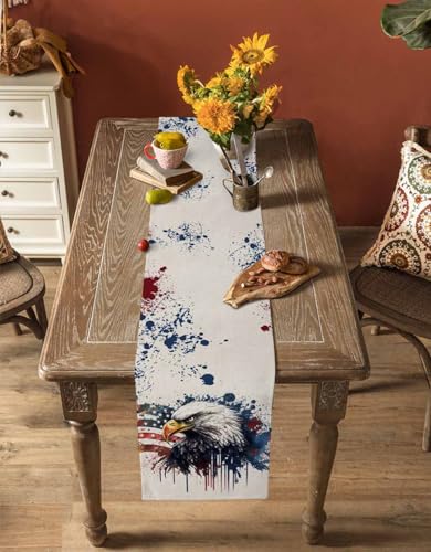 Cotton and Linen Table Runner 13 x 90 Inches, USA Flag Watercolor Style U630