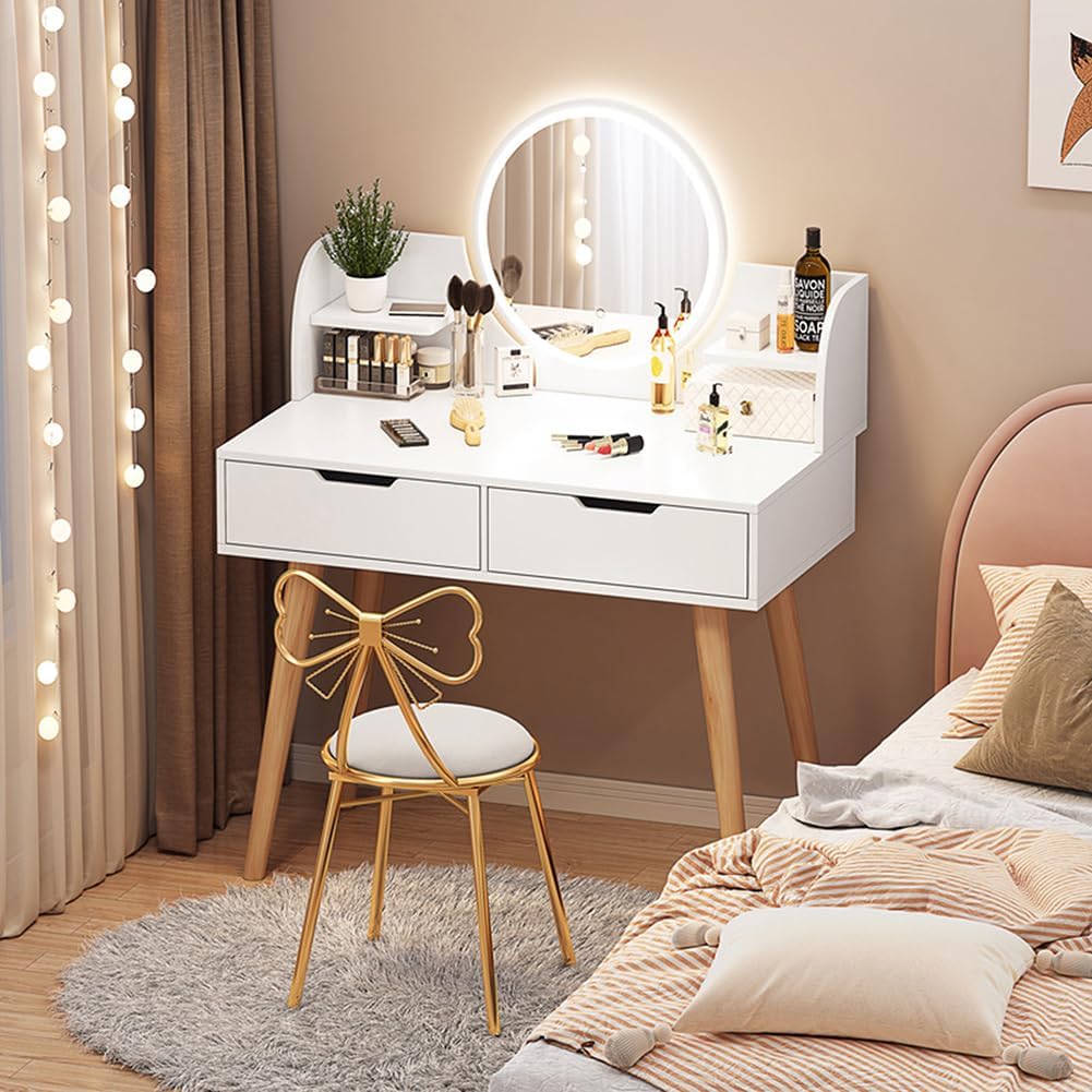 Fashion Makeup Vanity with Mirror, Vanity Desk with Open & Hidden Storage Shelves as, Makeup Dressing Vanity Table Set with 2 Large Drawers for Women Girls
