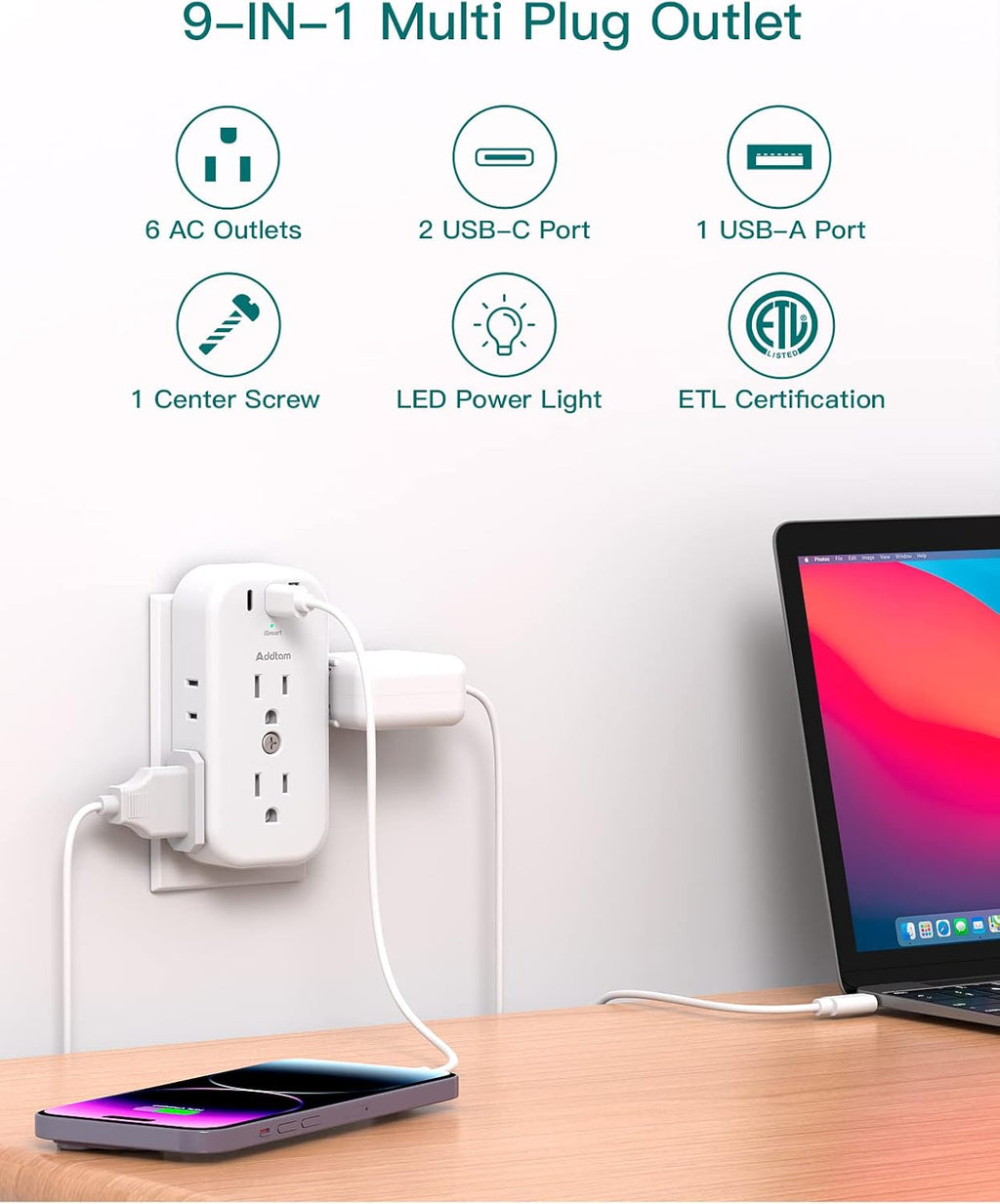 6 Outlet Splitter with 3 USB Wall Charger, Surge Protector Plug Expander I70230