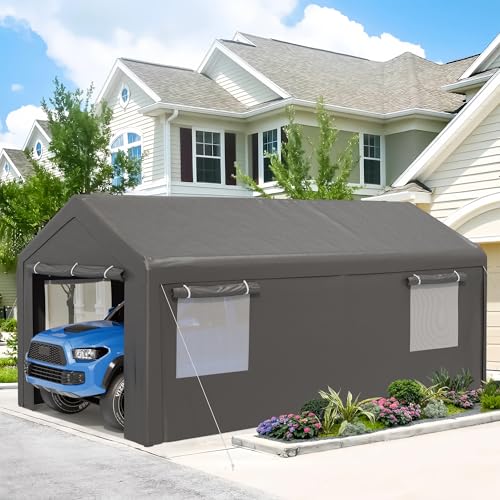Outdoor Carport 10x20 ft, Portable Garage Canopy with Roll-up Windows and Removable Sidewalls O616