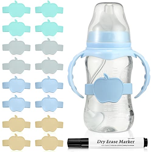 16 Pcs Baby Bottle Labels for Daycare Labels Reusable Waterproof Silicone Water Bottle Name Bands Writable Multi Color Baby Bottle Name Labels Tags Essentials with Dry Erase Marker, 4 Colors