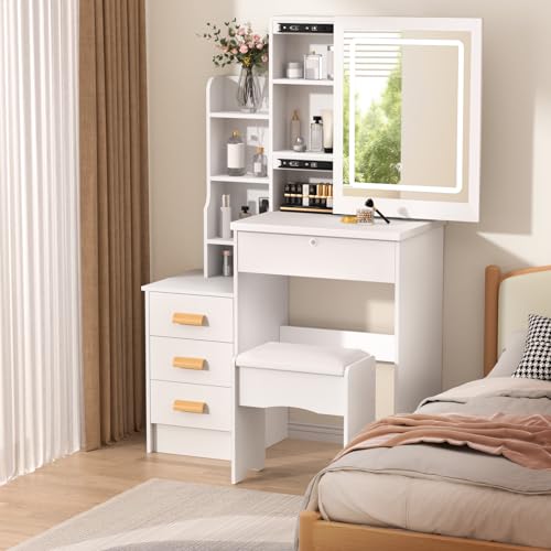 Vanity Desk with Sliding Mirror and Lights, 4 Drawers, Power Outlet R922957