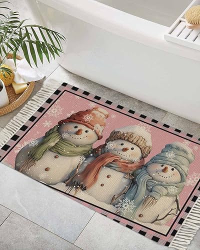 Christmas Blush Pink Large Area Rug 4x6ft Woven Runner Rug,Snowflake Snowman Lattice Washable Living Room Bedroom Kitchen Bathroom Classroom Carpet with Tassels Indoor Outdoor Throw Door Mat