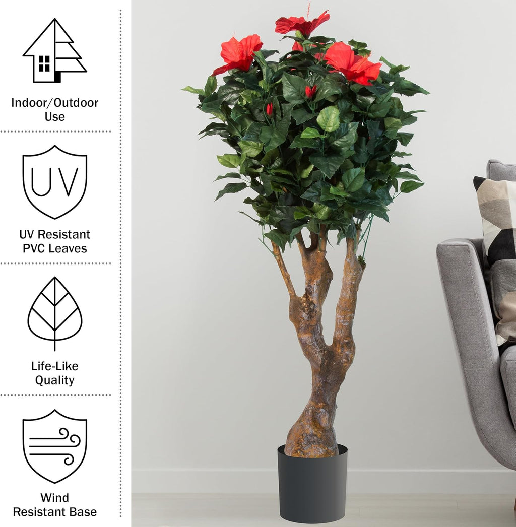 Artificial Hibiscus Plant 48-Inch Fake Tree with Pink Flowers F391