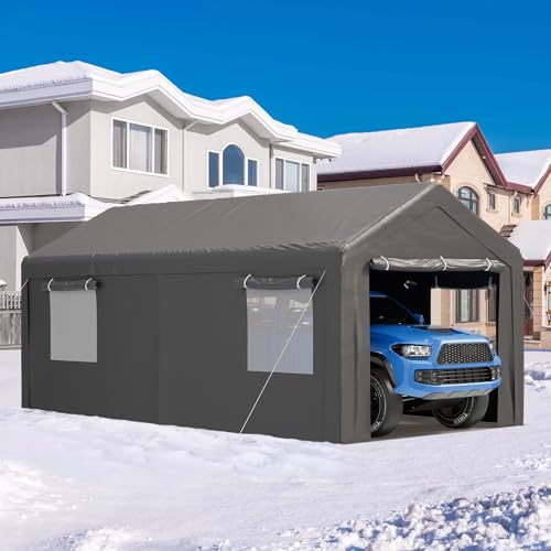 Outdoor Carport 10x20 ft, Portable Garage Canopy with Roll-up Windows and Removable Sidewalls O616