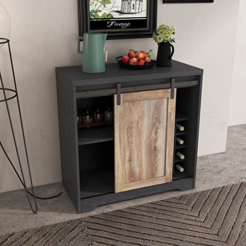 Farmhouse Coffee Bar Cabinet with Wine Rack and Sliding Barn Door, Black X950936