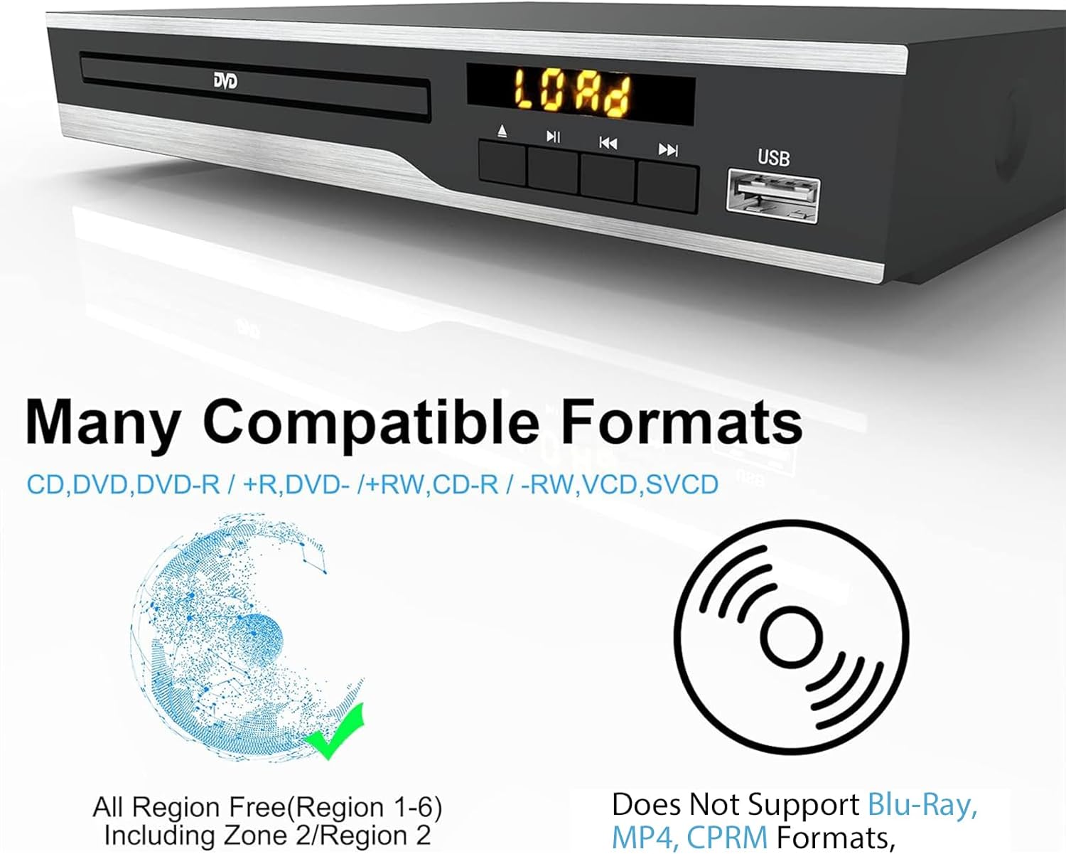 DVD Player, Region Free, Compact, Supports NTSC/PAL with USB Input N111340