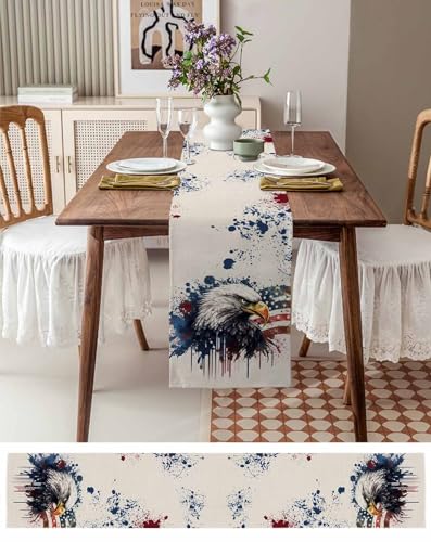 Cotton and Linen Table Runner 13 x 90 Inches, USA Flag Watercolor Style U630