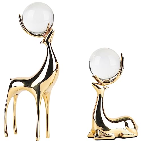 suruim Crystal Ball Reindeer Figurine Statues - Set of 2 Copper Heavy Reindeer Ornaments for Home Decor - Elegant Deer Sculpture for Living Room, Office, and Bookshelf (Gold-B)