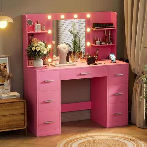 Vanity Desk with LED Mirror and Power Outlet, 7 Drawers C542075